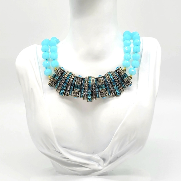 Heidi Daus Aquamarine Swarovski Crystal Horizontal Art Deco Pendant Necklace - Picture 7 of 14